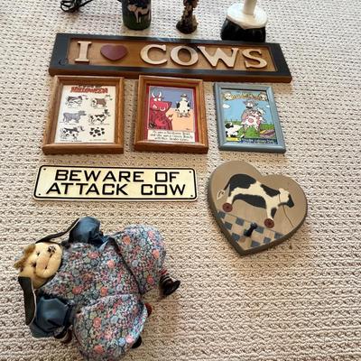 Lot 199 Cow décor - paper towel holder, lamp framed prints and more