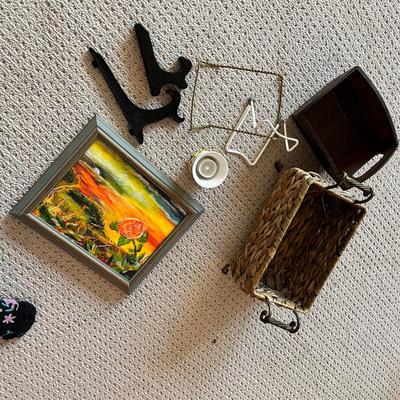 Lot 204 small wood and wcker basket, Oil Painting & holder frames