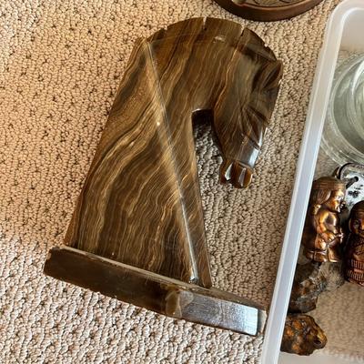 Lot 205 Horsehead bookends, binoculars, wine box, ashtray