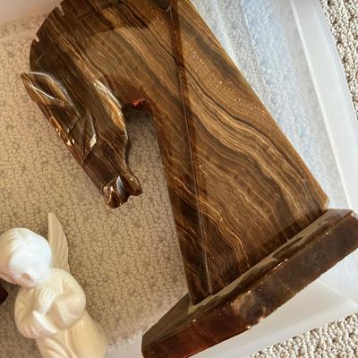 Lot 205 Horsehead bookends, binoculars, wine box, ashtray