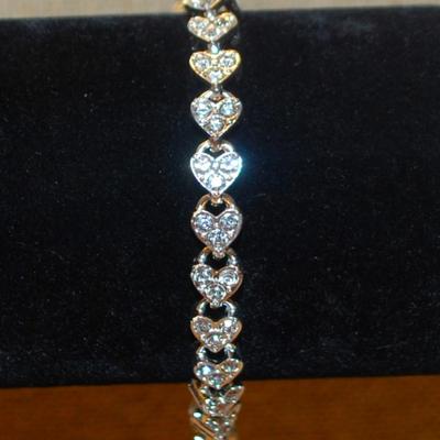 Triple Stone Silvery HEARTS Bracelet (7") with a Box Style Clasp