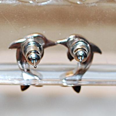 Blue Stones DOLPHIN Earrings (¾" x ½") on a Silver Tone Stud Clasp