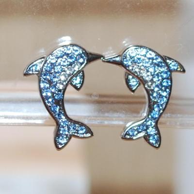 Blue Stones DOLPHIN Earrings (¾" x ½") on a Silver Tone Stud Clasp