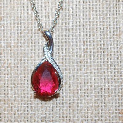 Red Pear Cut Stone PENDANT (1' x ½") on a Silver Tone Necklace Chain 18" L