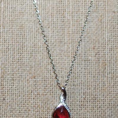 Red Pear Cut Stone PENDANT (1' x ½") on a Silver Tone Necklace Chain 18" L