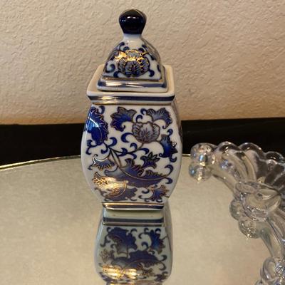 DRESSER SET MIRROR AND PERFUME BOTTLE PLUS GINGER JAR