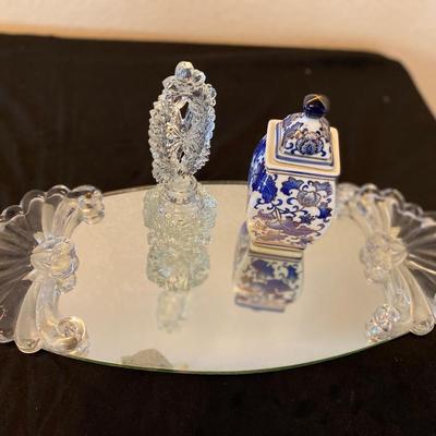 DRESSER SET MIRROR AND PERFUME BOTTLE PLUS GINGER JAR