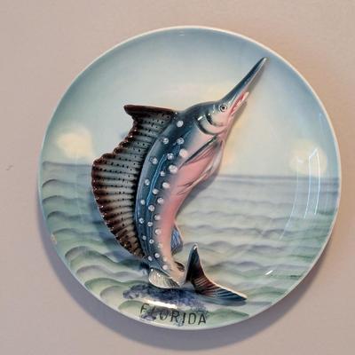 Vintage Florida Sailfish Embossed Raised Pink/Teal Souvenir Plate