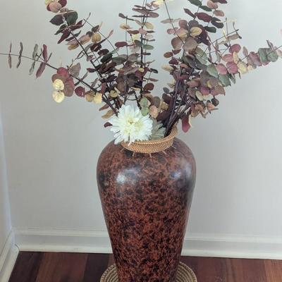 Approx 25" Tall Sharp Tribal Clay Fired Vase With Coiled Grass & Rattan Woven Top