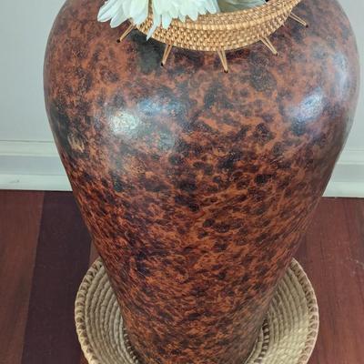 Approx 25" Tall Sharp Tribal Clay Fired Vase With Coiled Grass & Rattan Woven Top