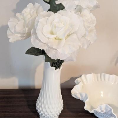 Vintage Milk Glass Vase Fenton Hobnail Ruffled Edge Bowl