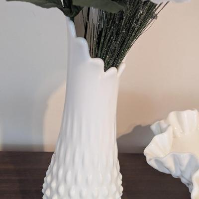 Vintage Milk Glass Vase Fenton Hobnail Ruffled Edge Bowl