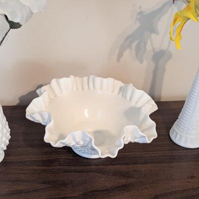 Vintage Milk Glass Vase Fenton Hobnail Ruffled Edge Bowl