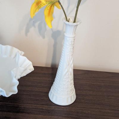 Vintage Milk Glass Vase Fenton Hobnail Ruffled Edge Bowl