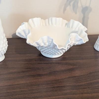 Vintage Milk Glass Vase Fenton Hobnail Ruffled Edge Bowl