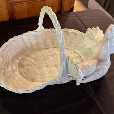 Italian made White Ceramic basket with 2 doves