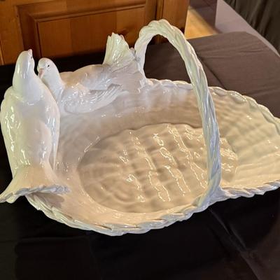 Italian made White Ceramic basket with 2 doves
