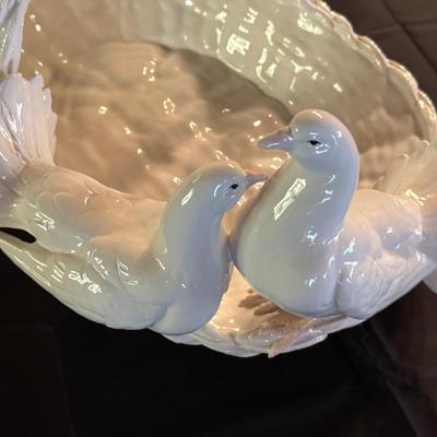 Italian made White Ceramic basket with 2 doves