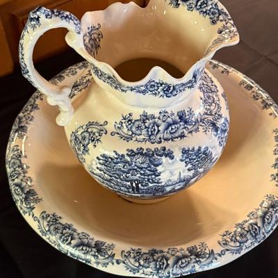 Blue & White Porcelain Wash Bowl & Pitcher