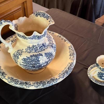 Blue & White Porcelain Wash Bowl & Pitcher