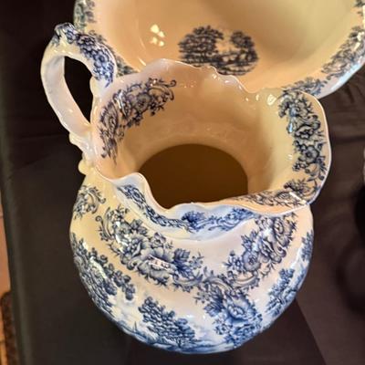 Blue & White Porcelain Wash Bowl & Pitcher