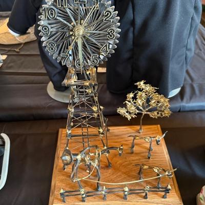 Brass Windmill Clock w/farmer & 2 cows