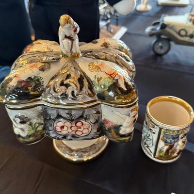 Ceramic Capodimonte footed candy dish & cup