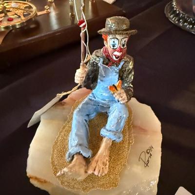 Ron Lee signed and dated fishing clown on stone