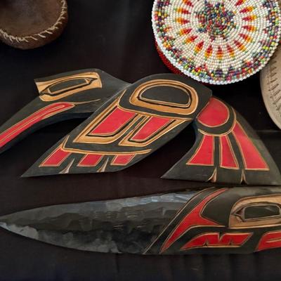 Collection of Native indian/Squamish pieces- wood, beaded, basket, Mocasins +