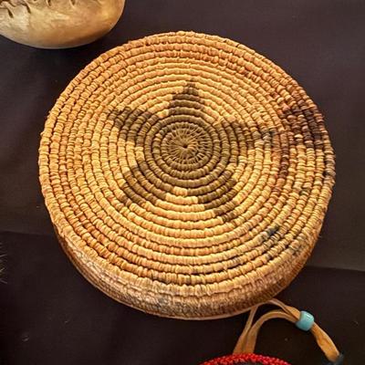 Collection of Native indian/Squamish pieces- wood, beaded, basket, Mocasins +