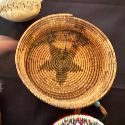 Collection of Native indian/Squamish pieces- wood, beaded, basket, Mocasins +