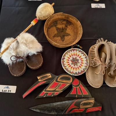 Collection of Native indian/Squamish pieces- wood, beaded, basket, Mocasins +