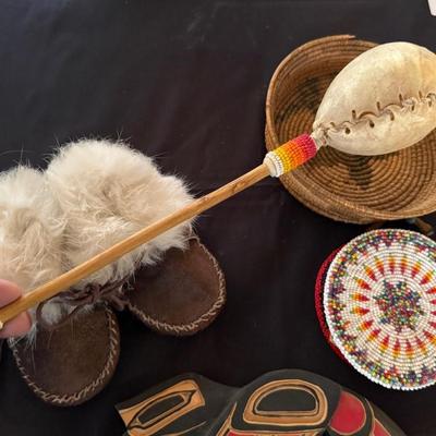 Collection of Native indian/Squamish pieces- wood, beaded, basket, Mocasins +
