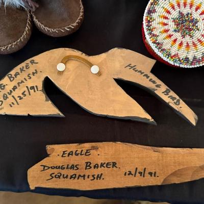 Collection of Native indian/Squamish pieces- wood, beaded, basket, Mocasins +