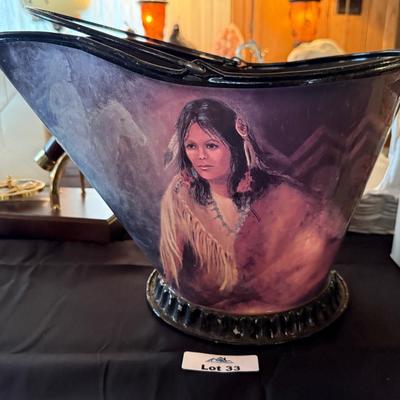 Galvanized metal handled bucket with painted native theme