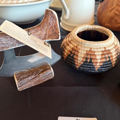 Small native basket & Moose Antler skinning Knife in stand