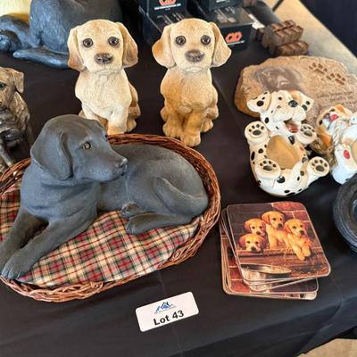 Collection of Dog figures - Coasters/Stone/Pair/1 in Basket/1 on tire swing +