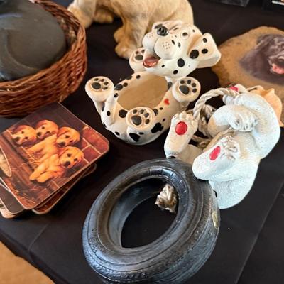 Collection of Dog figures - Coasters/Stone/Pair/1 in Basket/1 on tire swing +