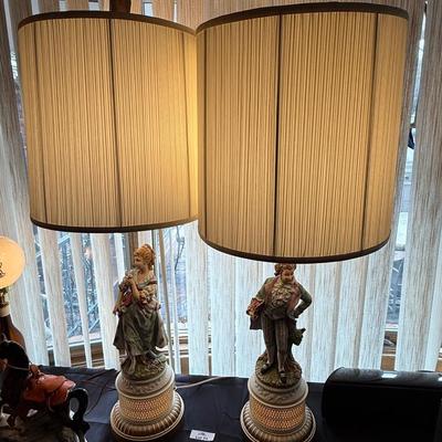 Pair of Capodimonte ceramic Victorian couple - working table Lamps