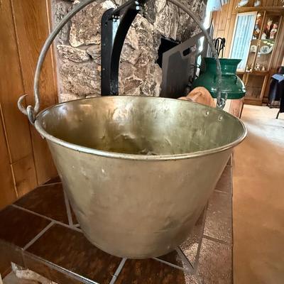 Large Brass? hanging handled bucket with metal bracket