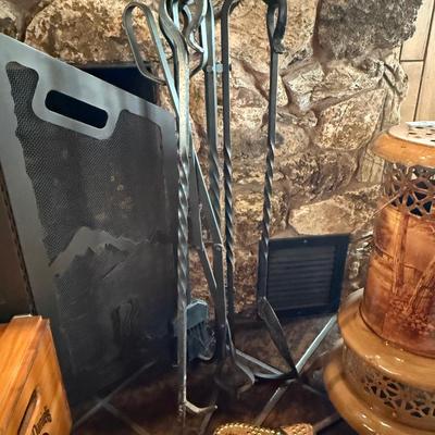 Cast Iron Fireplace Tools & Ornate Bellows