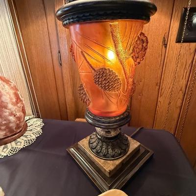 Pair of gold pine cone themed 2 bulb lamps about 34”t
