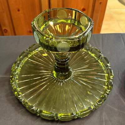 Vintage Green Glass pedestal Cake Stand/Serving Tray