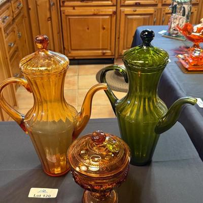 2 Vintage Glass Pitchers w/lids & Candy Dish