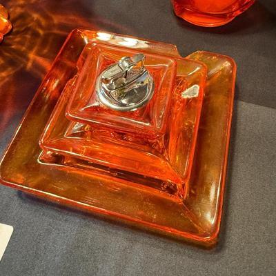 5 Vintage Orange glass pieces - Vase, Dish, ashtray & lighter