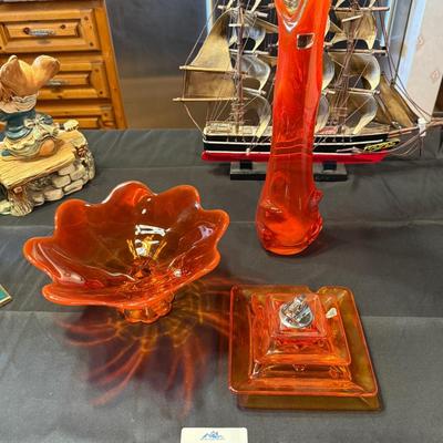 5 Vintage Orange glass pieces - Vase, Dish, ashtray & lighter