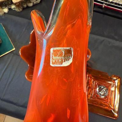 5 Vintage Orange glass pieces - Vase, Dish, ashtray & lighter