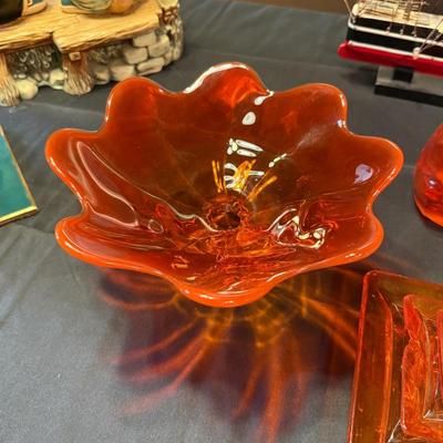 5 Vintage Orange glass pieces - Vase, Dish, ashtray & lighter