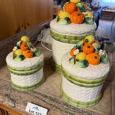 Set of 3 Ceramic Canister Set w/fruit themed lids