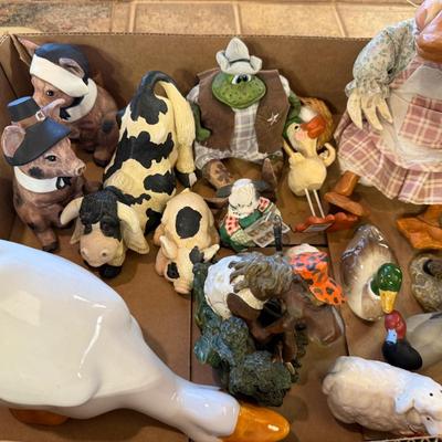 Box of assorted animal figures - ducks/geese/cows/pigs/frogs